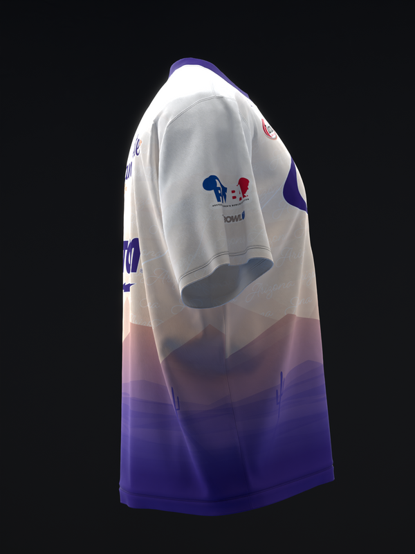 White bowling jersey with purple gradient ombre and blue graphic on chest