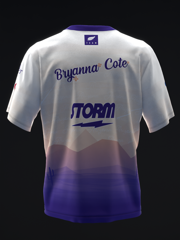 White and purple ombre bowling jersey with Bryanna Cote and Storm logo, back view