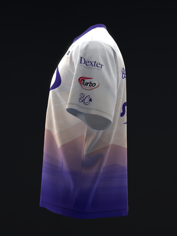 Bowling jersey with white upper body, gradient fading to purple lower section, displaying Dexter and Turbo logos