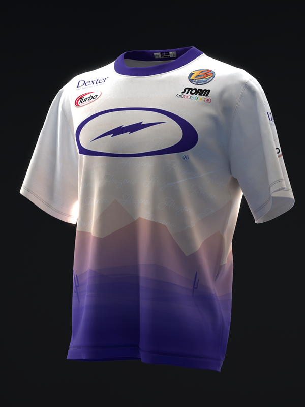 White to deep purple ombre bowling jersey with oval logo and sponsor patches