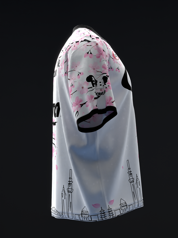 White bowling jersey with pink cherry blossoms and black graphic design, front view