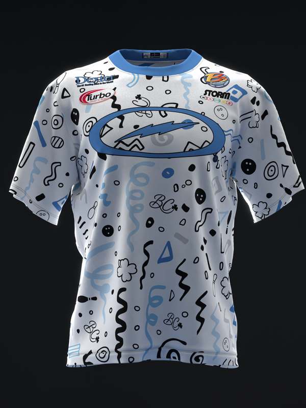 White bowling jersey with blue trim and abstract black and blue collage graphics