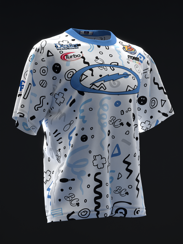 White bowling jersey with blue accents and abstract black graphic pattern throughout front view