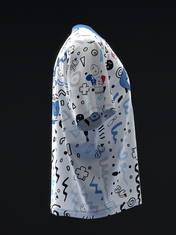 White bowling jersey with blue and black doodle pattern, side view