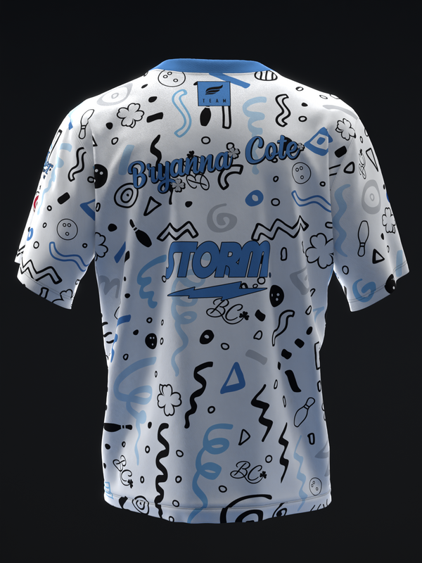 White bowling jersey with blue text and abstract geometric pattern throughout