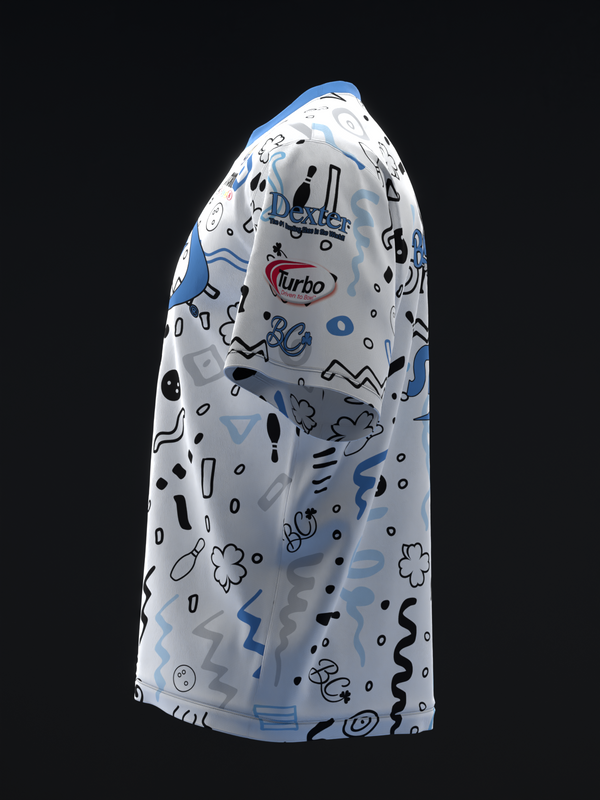 White bowling jersey with blue and black abstract collage pattern, front view