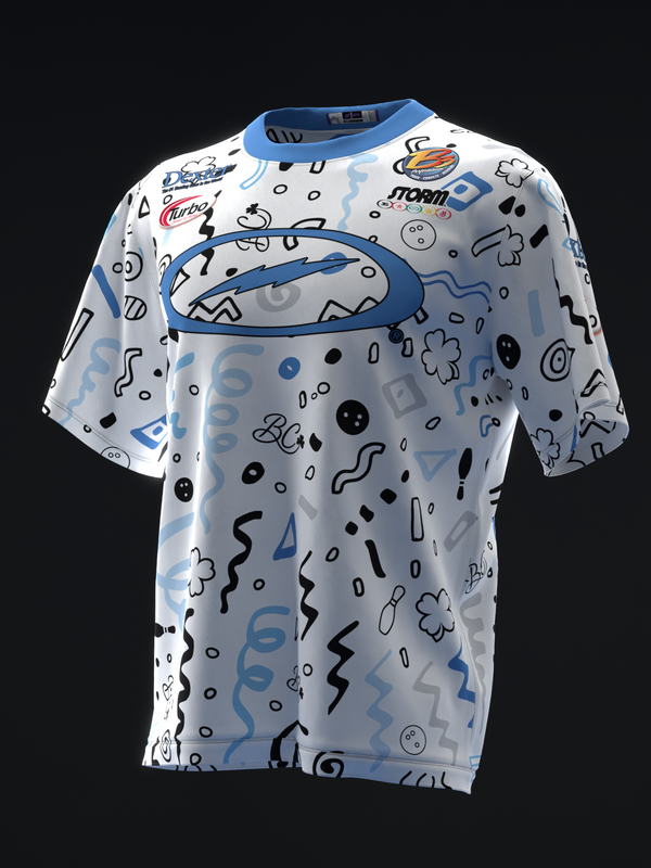 White bowling jersey with blue collar and all-over black and blue abstract graphic design