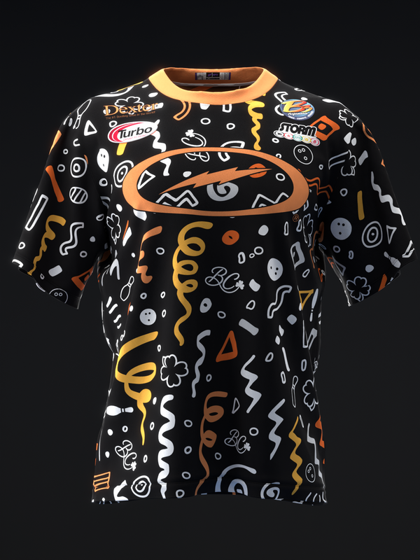 Black bowling jersey with colorful abstract collage design and orange neckline, front view