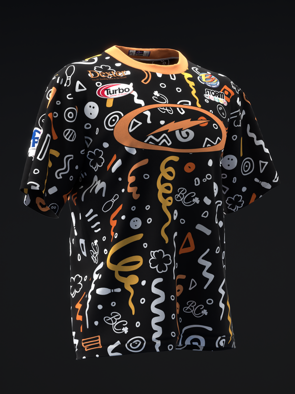 Black bowling jersey with colorful abstract doodle pattern, front view displayed on mannequin