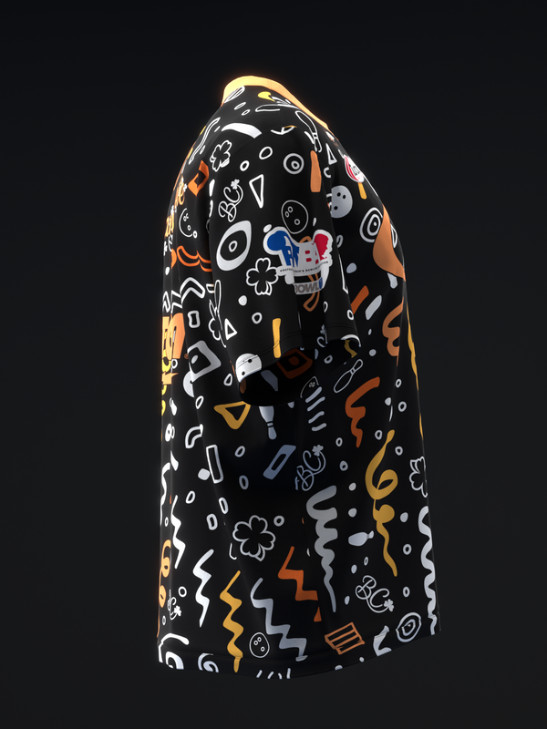 Black bowling jersey with colorful doodle pattern and abstract graphic design