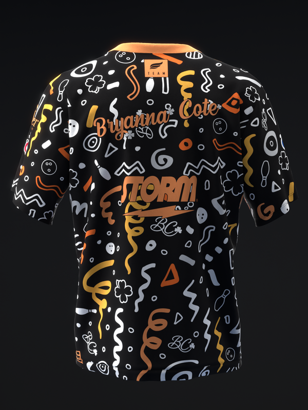 Black bowling jersey with orange, white, and gold abstract graphic pattern and text
