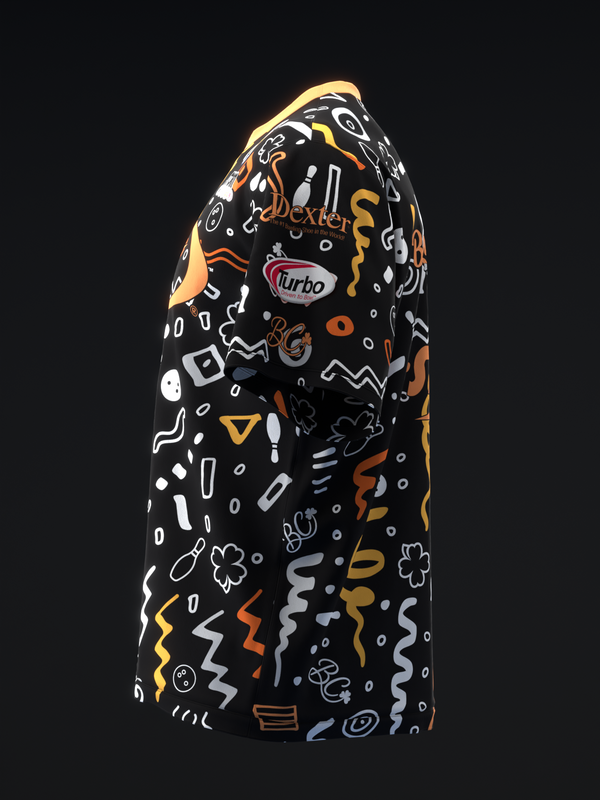 Black bowling jersey with white, orange, and yellow abstract collage pattern design
