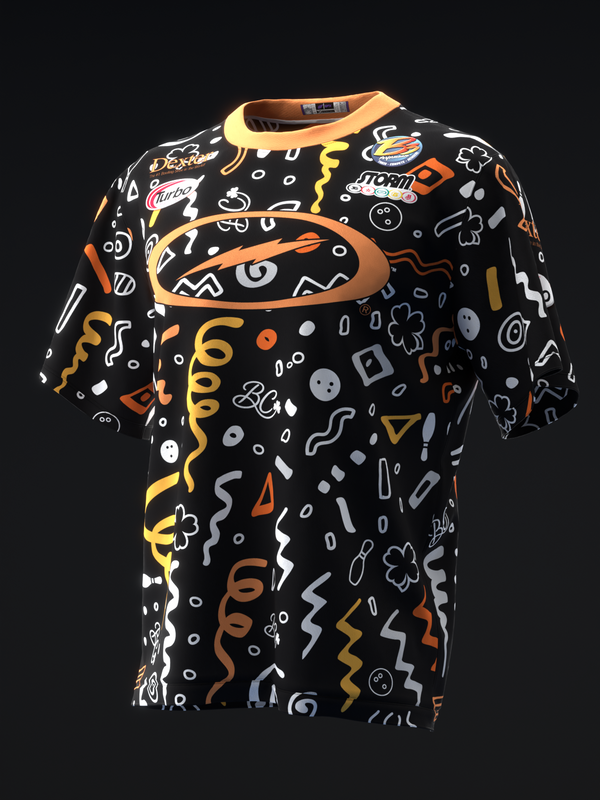 Black bowling jersey with colorful yellow, orange, and white abstract graphic design throughout