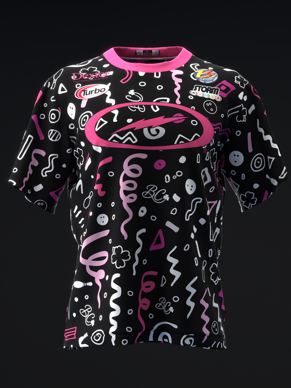 Black bowling jersey with pink neckline and all-over colorful collage pattern front view