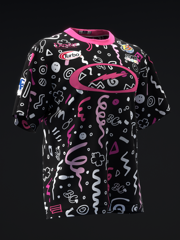 Black bowling jersey with pink trim and colorful abstract doodle print, front view