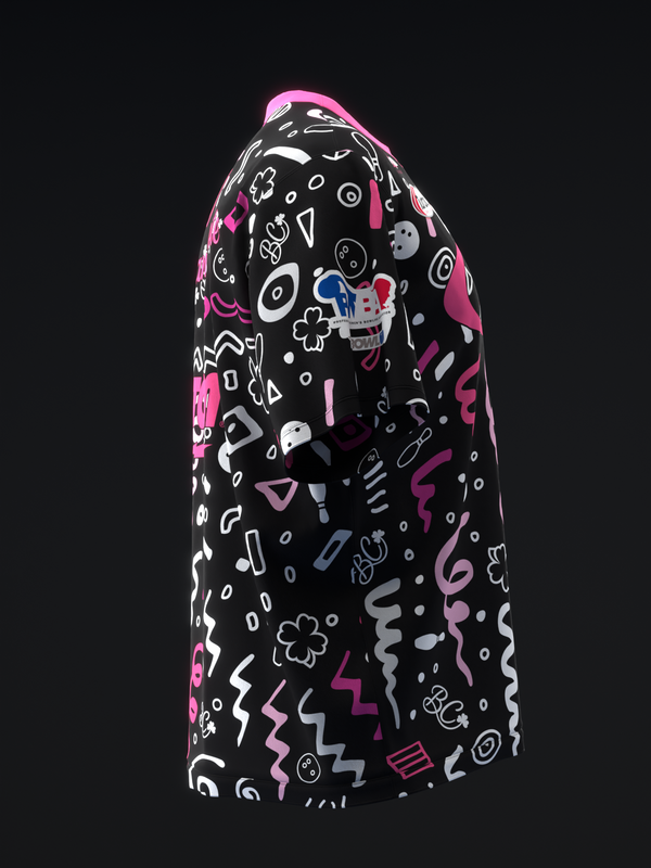 Black bowling jersey with colorful abstract doodle pattern and pink accents, front view
