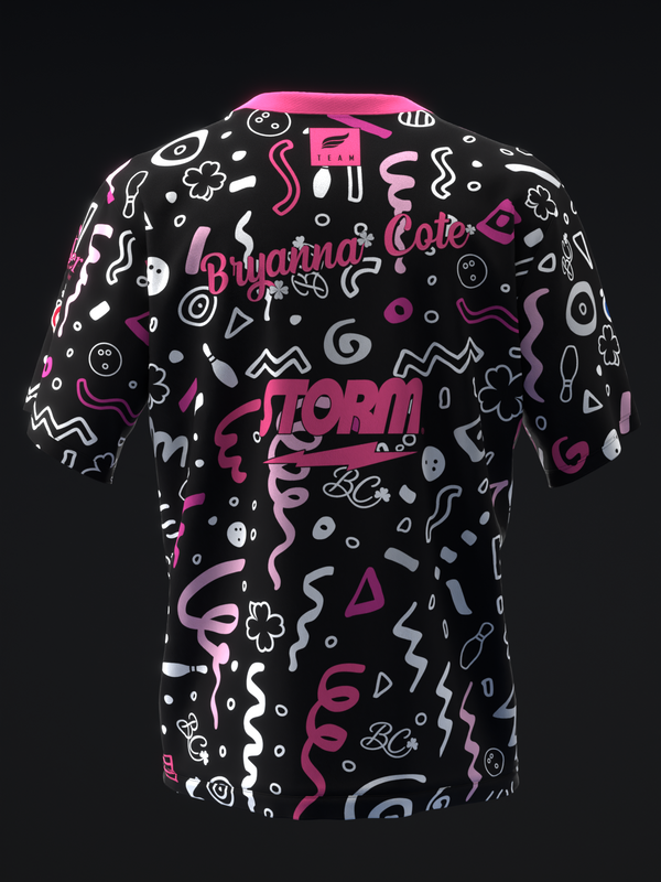 Black bowling jersey with pink and white abstract doodle pattern, front view