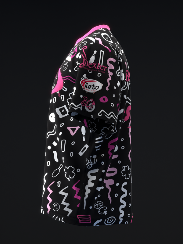 Black bowling jersey with pink, white, and gray abstract collage pattern design