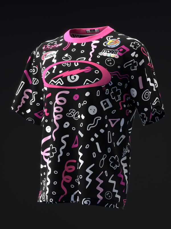Black bowling jersey with pink and white abstract doodle pattern, front view