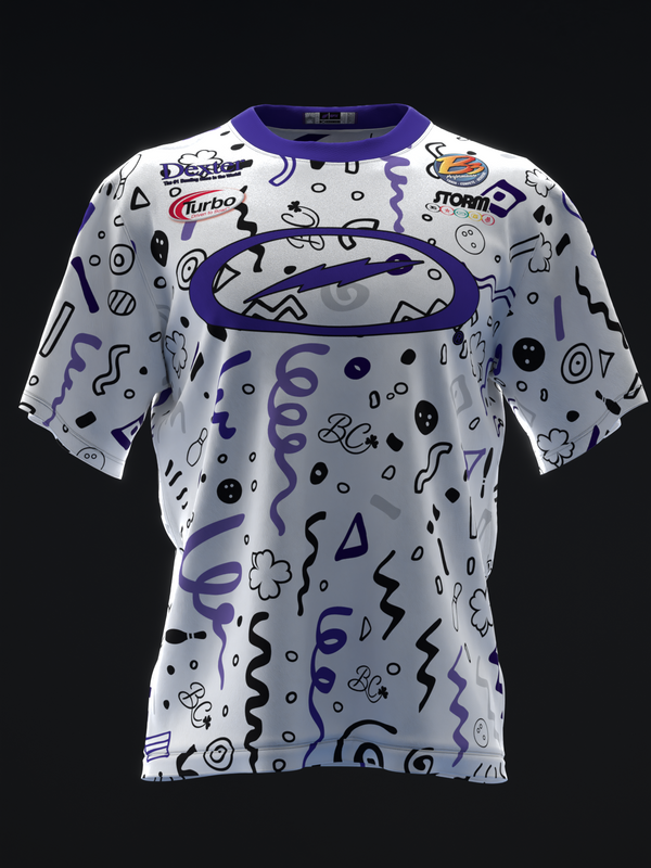 White bowling jersey with purple crew neck and abstract purple, black graphic design throughout
