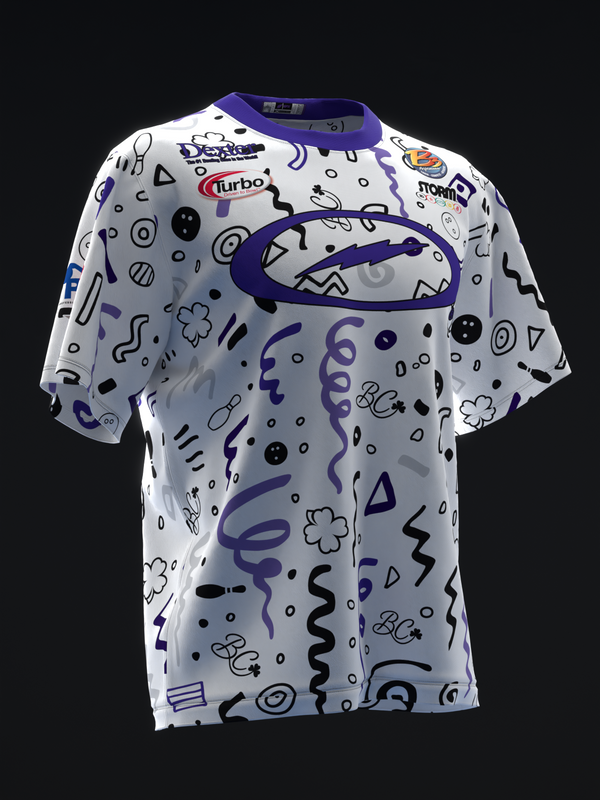White bowling jersey with purple trim and abstract doodle pattern throughout front view