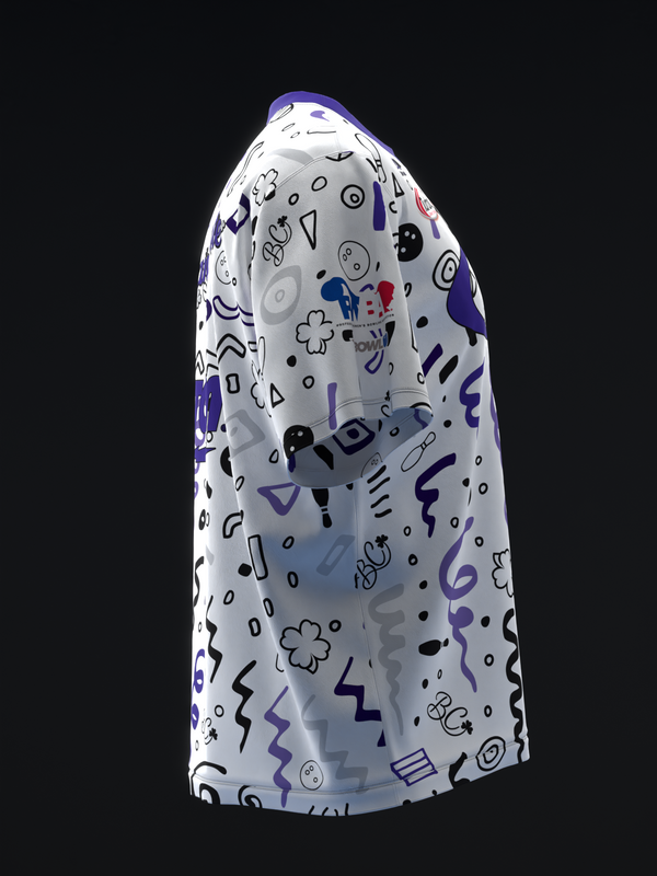 White bowling jersey with purple accents and playful doodle pattern throughout