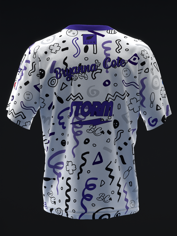White bowling jersey with purple text and playful abstract doodle pattern throughout