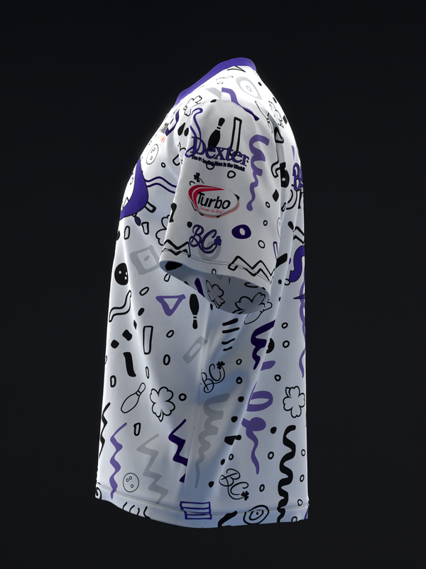 White bowling jersey with purple and black abstract collage pattern and Turbo logo