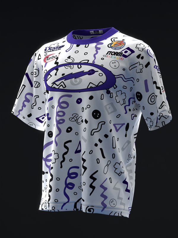 White and purple bowling jersey with abstract doodle pattern and graphics, front view