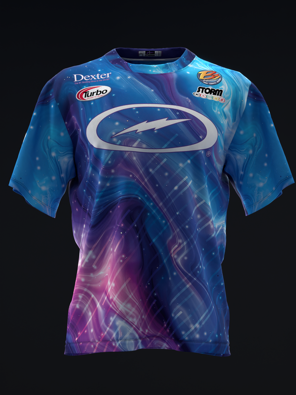 Front of bowling jersey with blue and purple galaxy gradient pattern and white oval logo