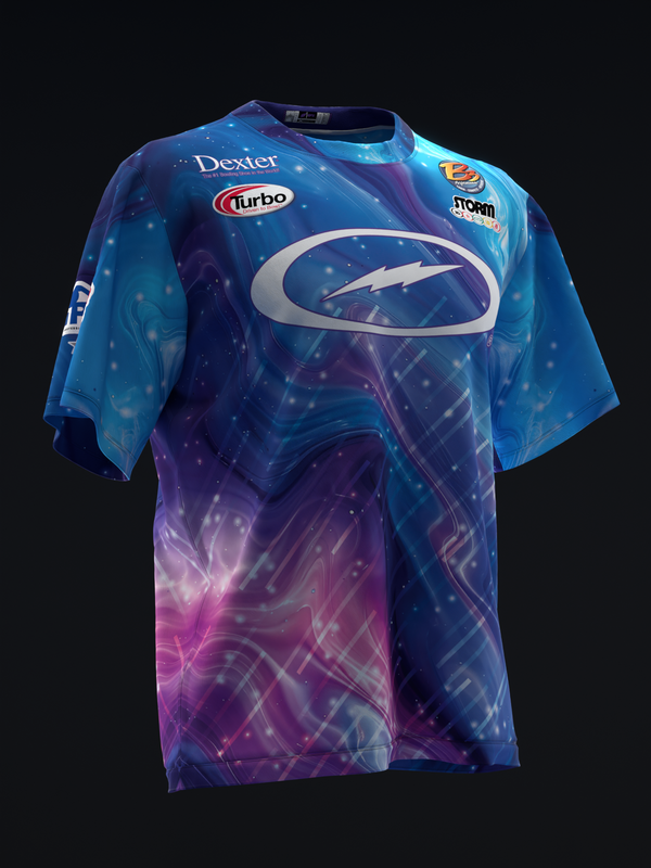 Blue and purple gradient bowling jersey with lightning bolt graphic and sponsor logos