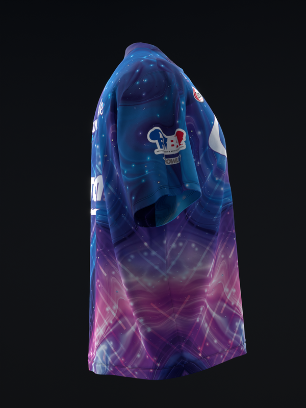 Blue and purple galaxy bowling jersey with cosmic graphic design, front view