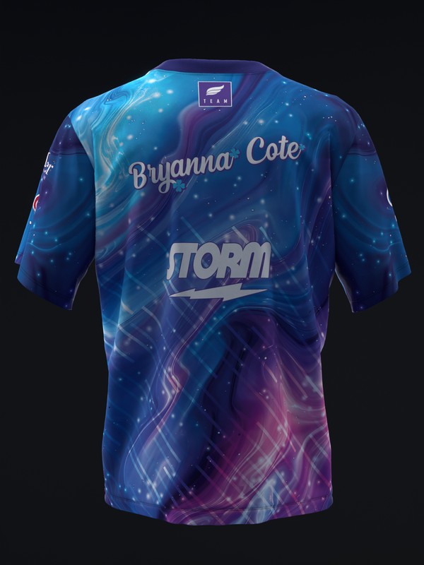 Back view of bowling jersey with blue and purple galaxy design and player name