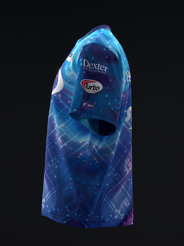 Blue bowling jersey with galaxy and geometric pattern design, front view