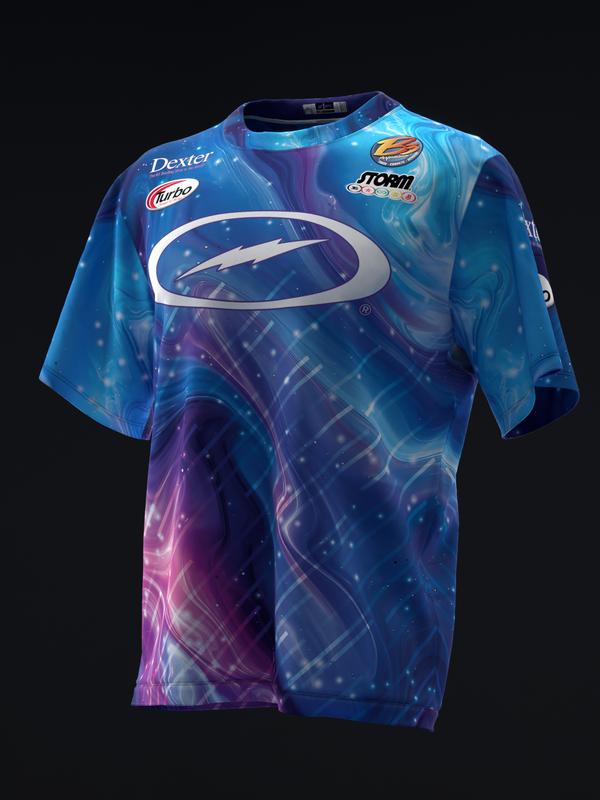 Blue and purple bowling jersey with glowing abstract pattern and logo design