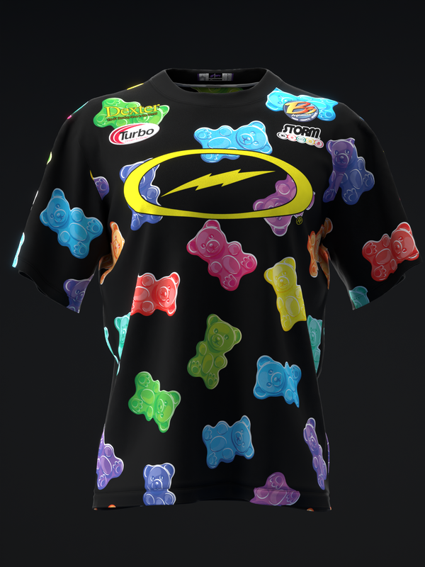 Black bowling jersey with colorful gummy bear graphics and yellow oval logo, front view