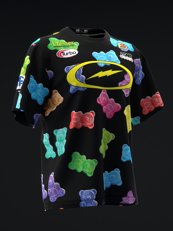 Black bowling jersey with colorful gummy bear graphics and yellow lightning bolt design, front view