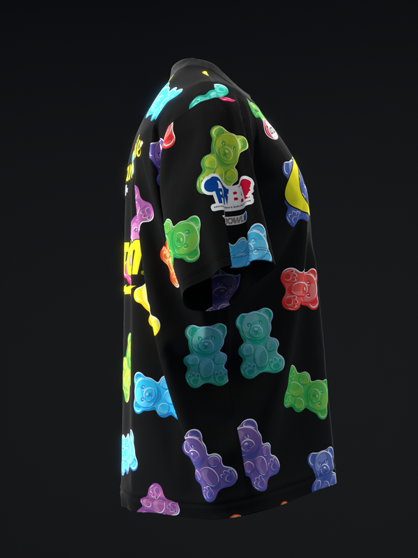 Black bowling jersey with colorful gummy bear graphic print throughout