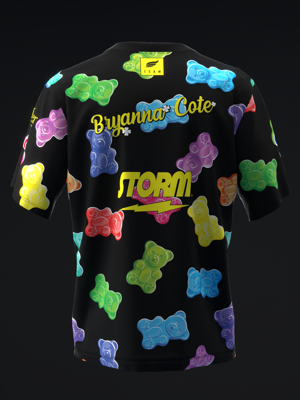 Black bowling jersey with colorful gummy bear graphics and text design, back view