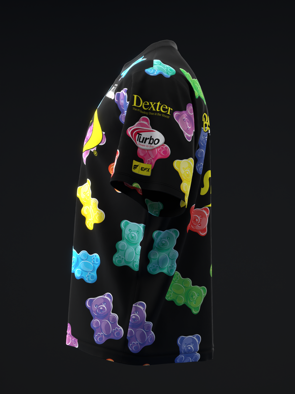 Black bowling jersey with colorful gummy bear graphics throughout, front view