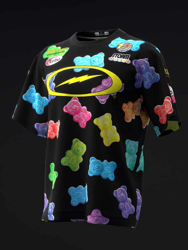Black bowling jersey with colorful gummy bear graphics and yellow swoosh design
