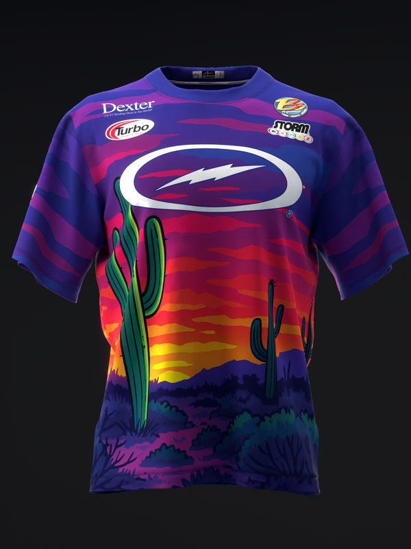 Front view bowling jersey with desert sunset graphic and striped pattern overlay