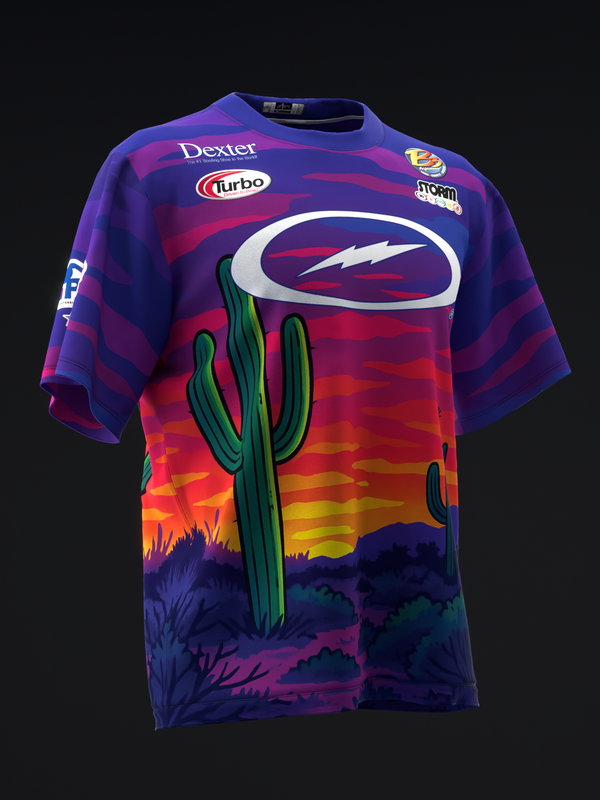 Purple bowling jersey with desert sunset gradient and saguaro cactus graphic, front view