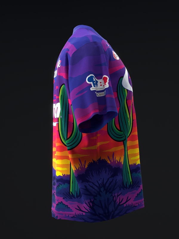 Bowling jersey with desert sunset landscape and cacti graphic design, side view