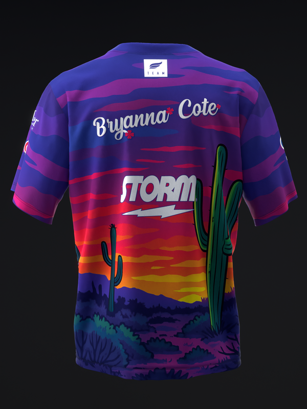 Bowling jersey back view with desert sunset gradient and cactus graphics