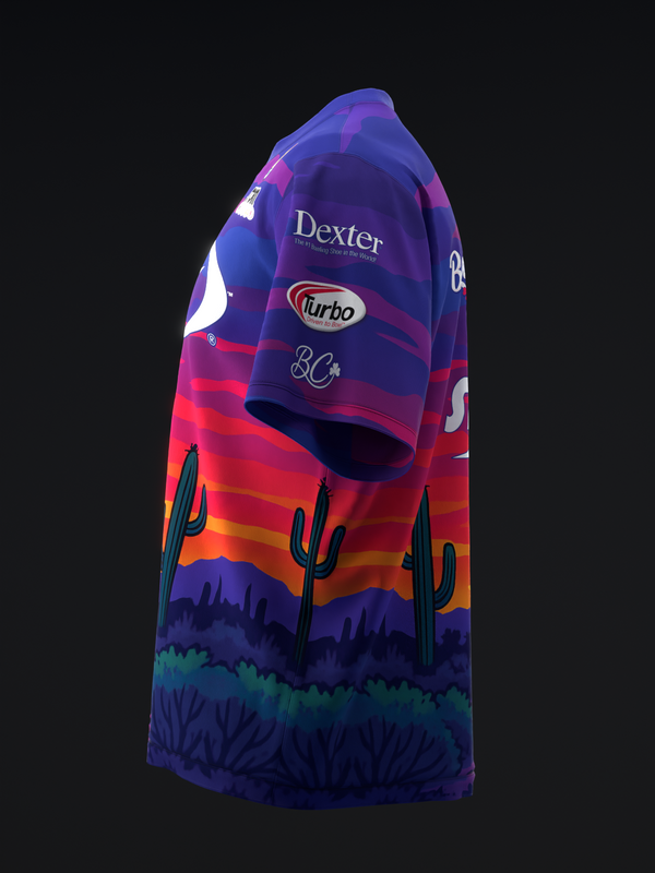 Purple bowling jersey with desert sunset gradient and saguaro cactus graphic
