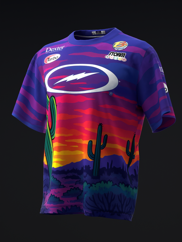 Purple bowling jersey with desert sunset gradient and saguaro cactus graphic