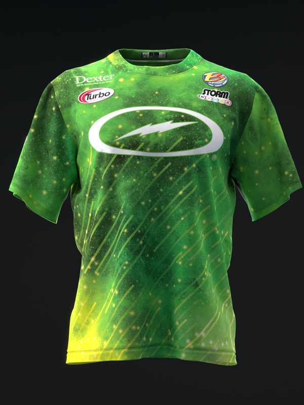 Green bowling jersey with white logo, brand sponsors, and yellow streaked design details