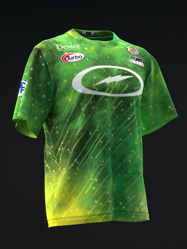Bright green bowling jersey with white oval logo and sponsor badges front view