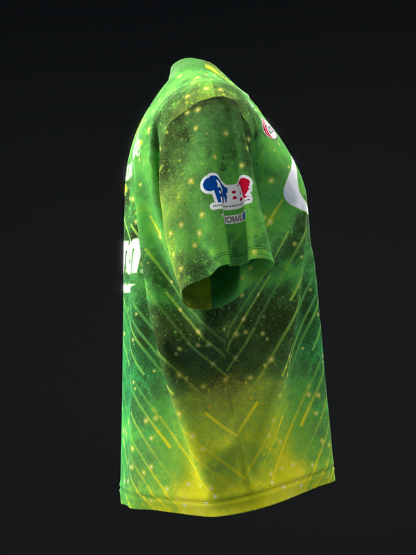 Bright lime green bowling jersey with yellow gradient and sparkle design, front view